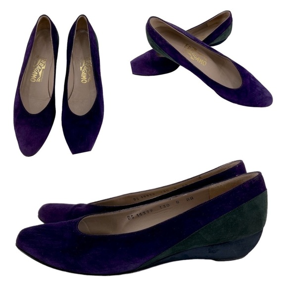 Salvatore Ferragamo Purple Green Black Suede Wedges size 8 AA made in Italy - Picture 1 of 15